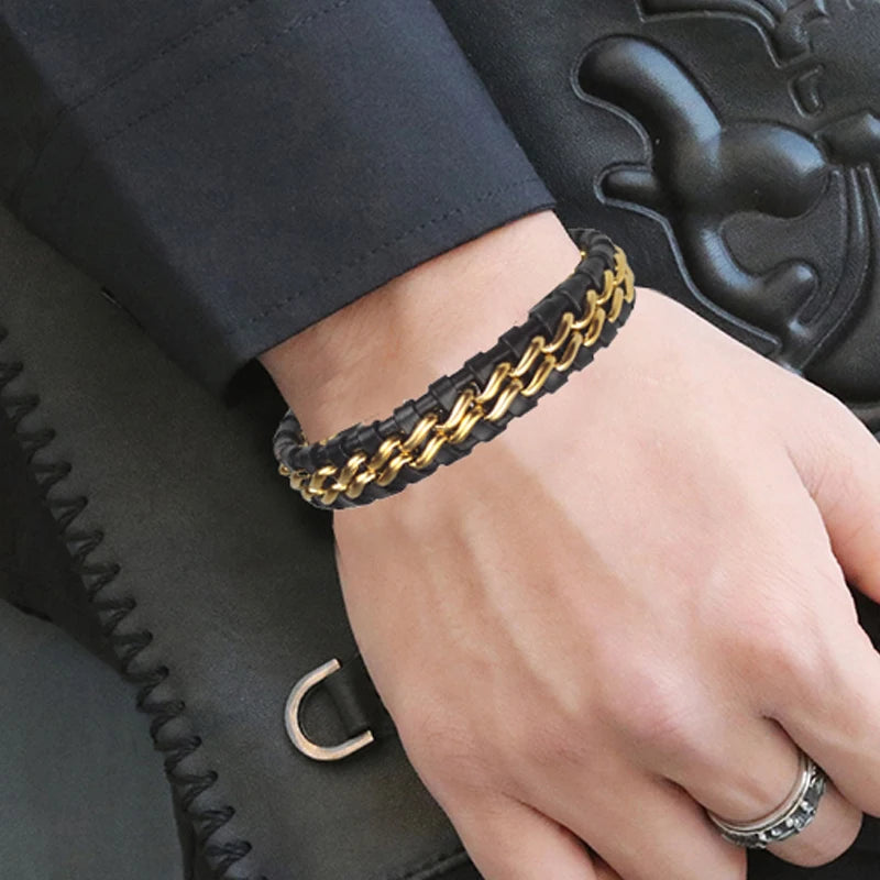 Exclusive Genuine Leather Magnetic Gold Chain Bracelet