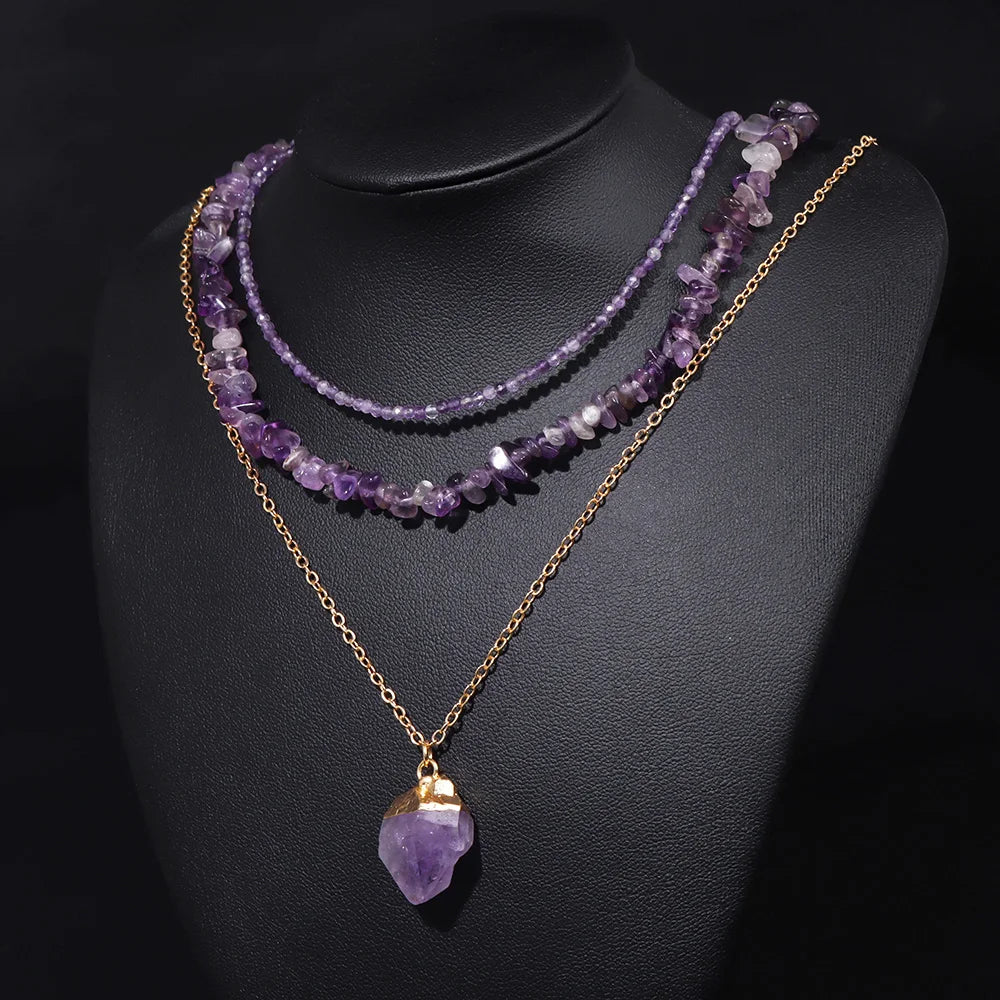 Natural Amethysts Beads Necklaces Energy Healing Jewels 3pcs/set