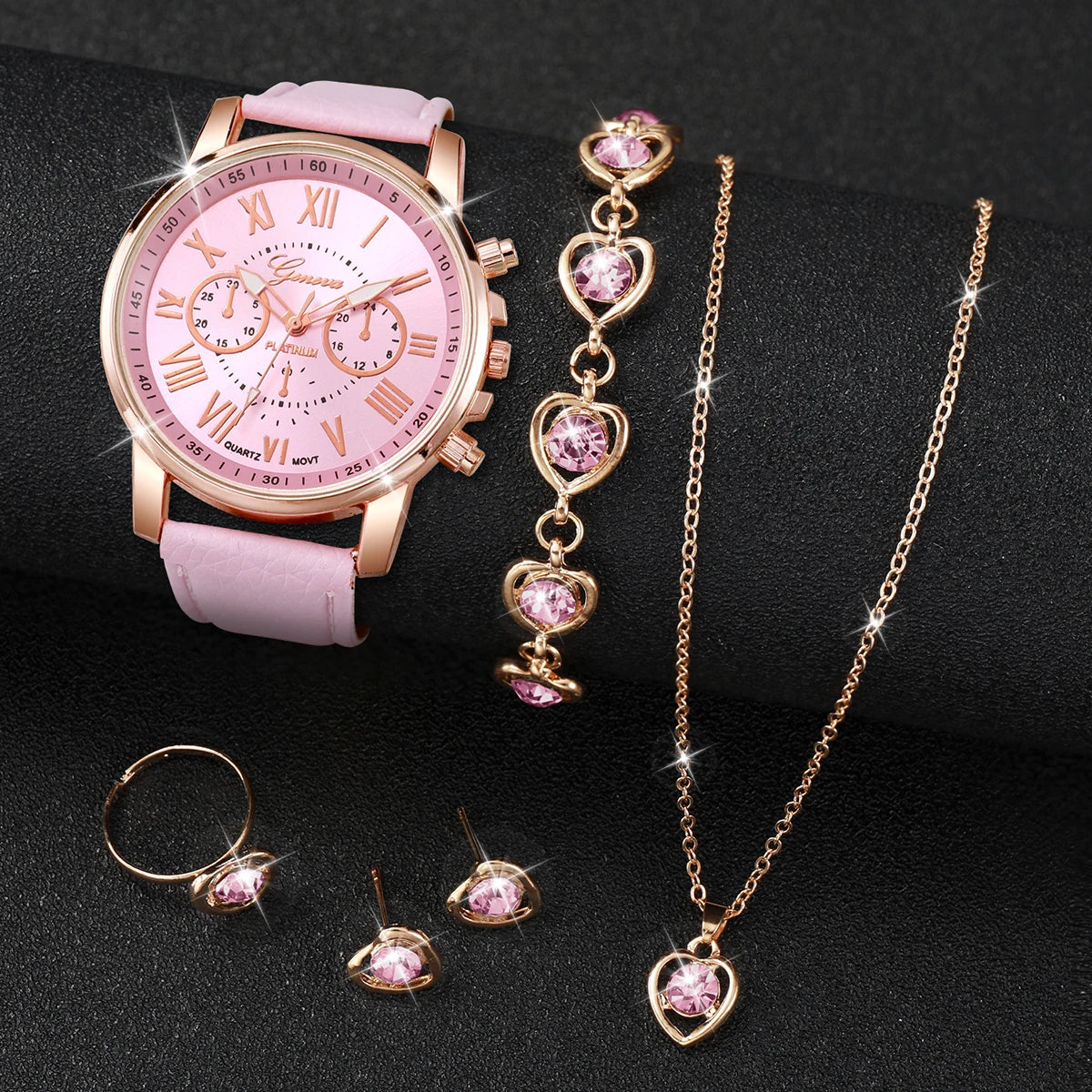 Luxury Leather Band Analog Wrist Watches & Heart Rhinestone Jewelry Set
