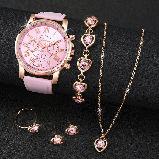 Luxury Leather Band Analog Wrist Watches & Heart Rhinestone Jewelry Set