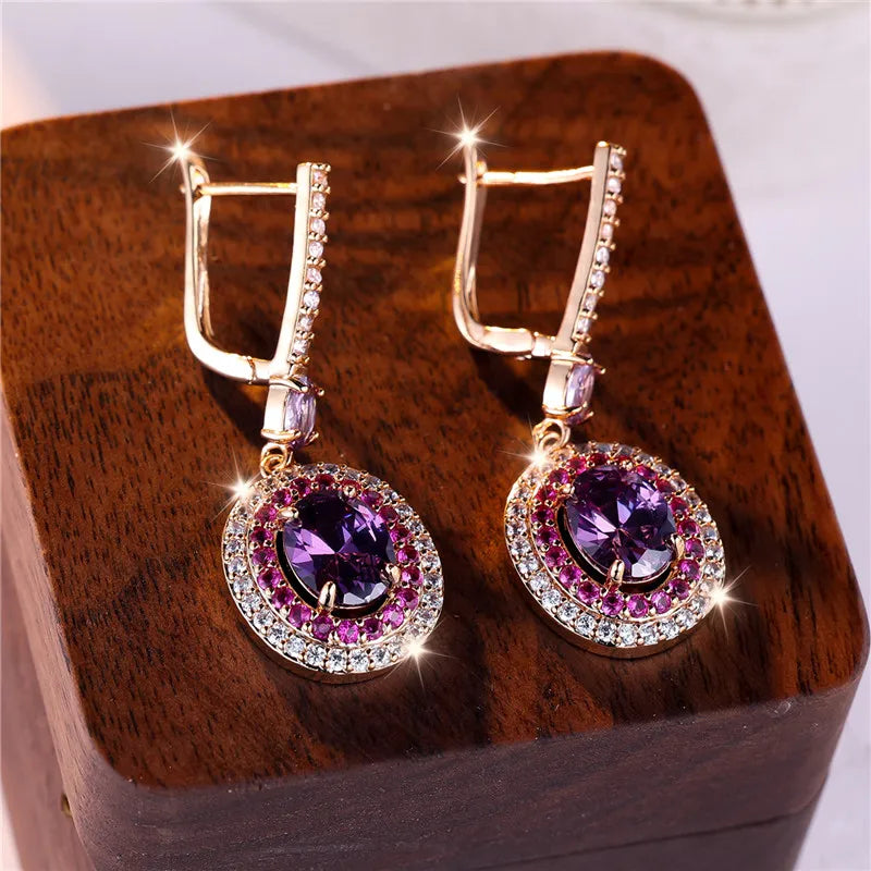 Royal Purple Charm Oval Stone Clip Earrings