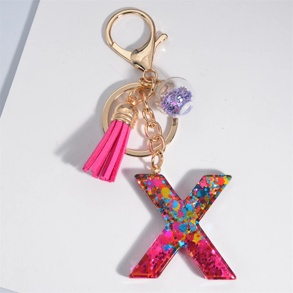 Mystery Star Ball 26 Letters Tassel Fuchsia Keychain