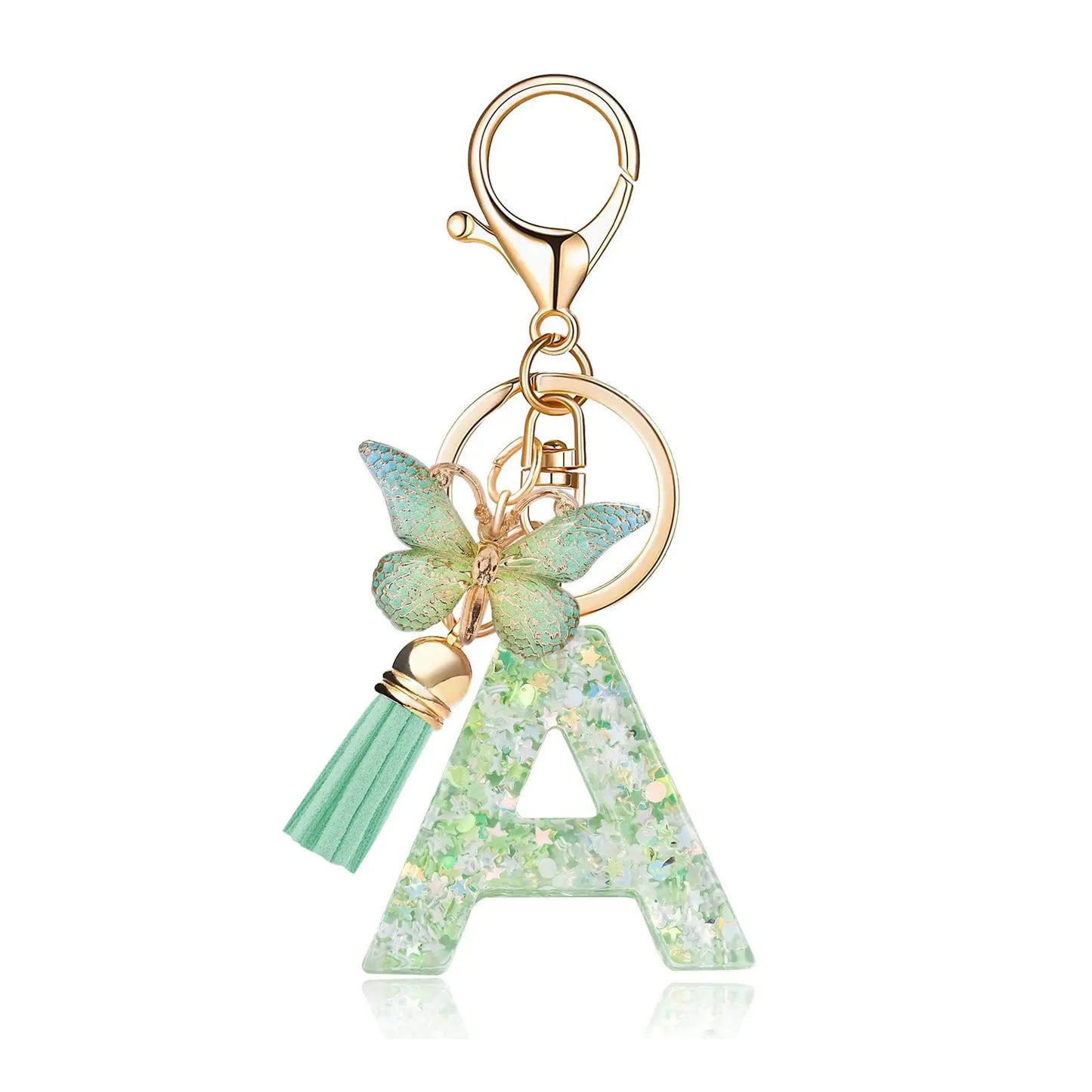 Spring Green Color Glitter Initial Letter Key Chain With Butterfly Tassel Pendant ﻿
