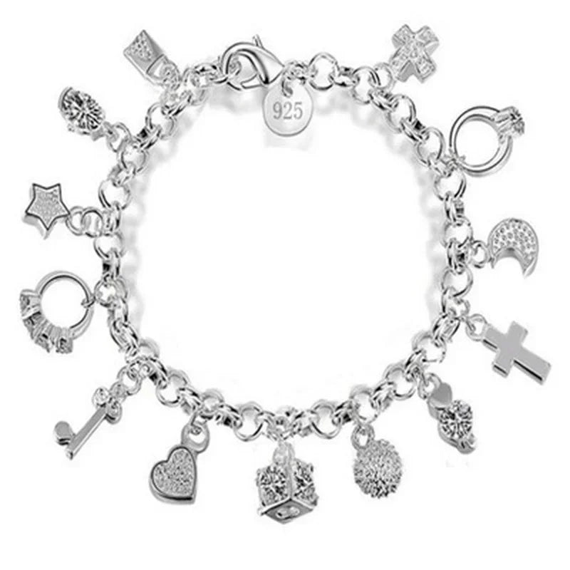 Silver 13 Pendant Chain Charm Bracelet
