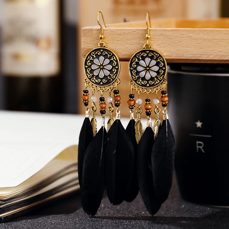 Beautiful Round Feather Tassel Bead Earrings