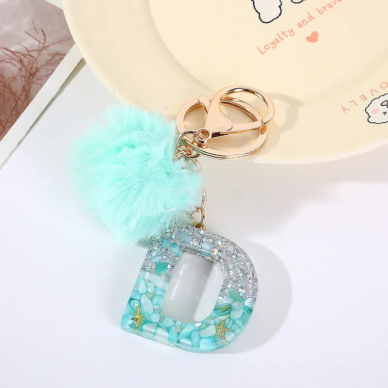 Aqua Flow 26 Initials Letter Key Pendant With Green Blue Fluffy Pompom