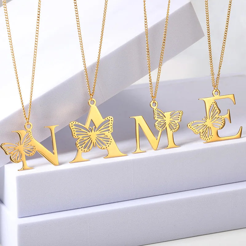 Dainty Butterfly Initial Letters Pendant Necklaces