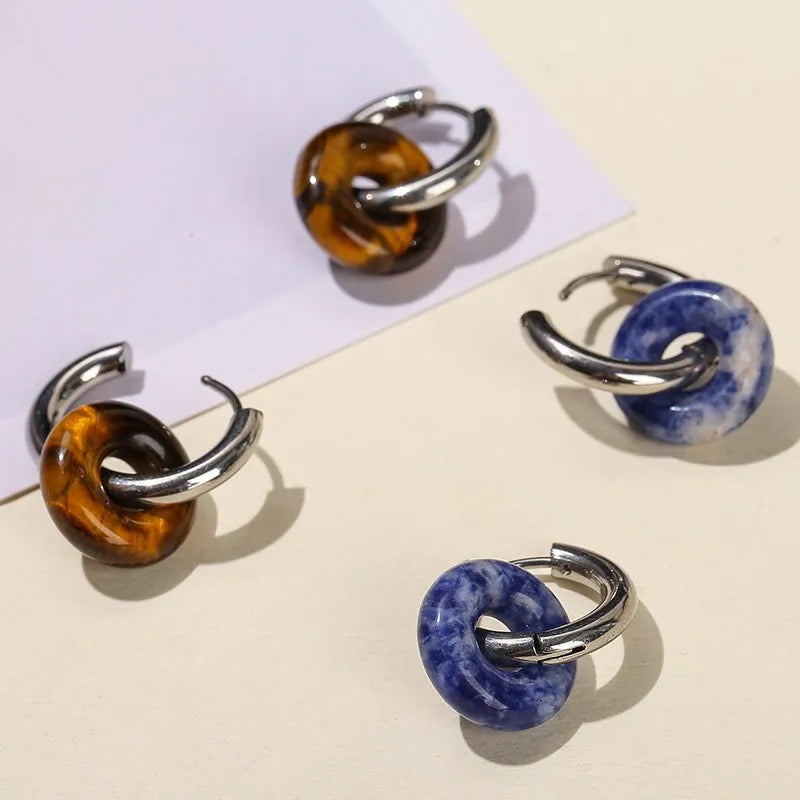 Natural Stone Donut Shape Silver Hoop Earrings