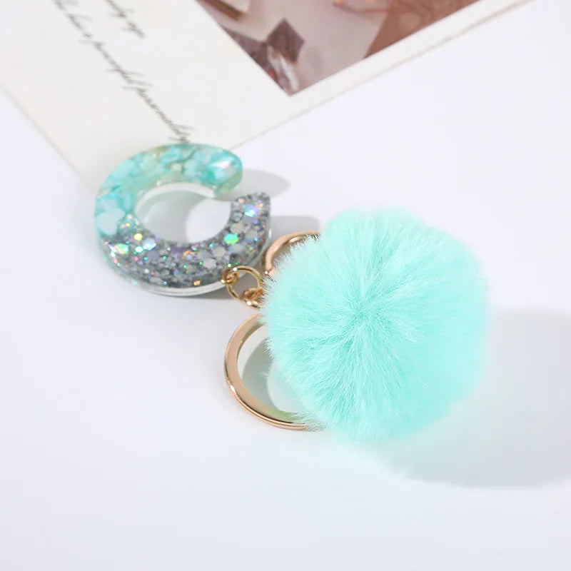 Aqua Flow 26 Initials Letter Key Pendant With Green Blue Fluffy Pompom
