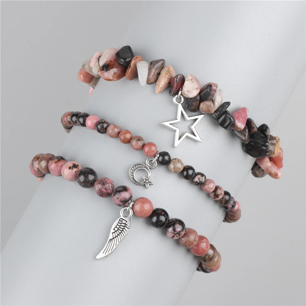 Natural Stone Healing Star Moon Feather Pendant Bracelets Sets