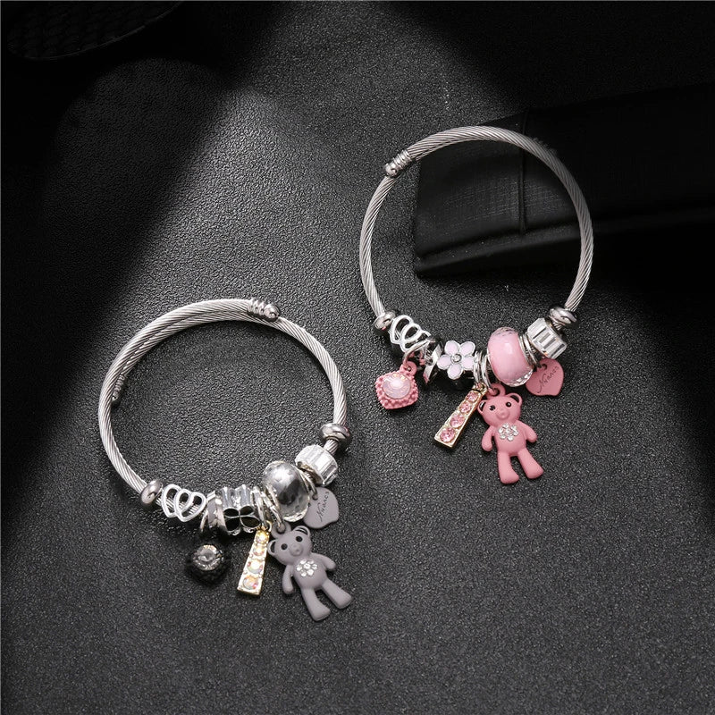 Pink Bear Cuff Charms Hearts Pendant Love Bracelet