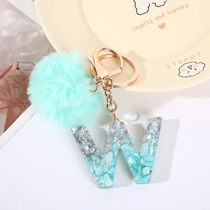 Aqua Flow 26 Initials Letter Key Pendant With Green Blue Fluffy Pompom