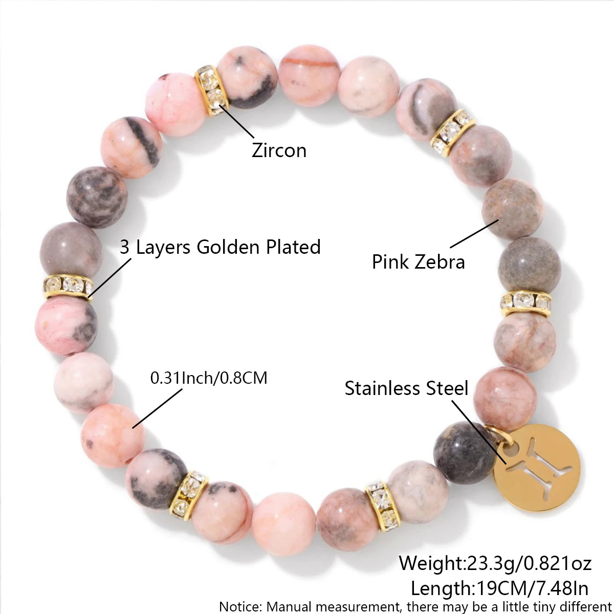 Pink Zebra Stone 12 Star Constellation Sign Beaded Bracelets