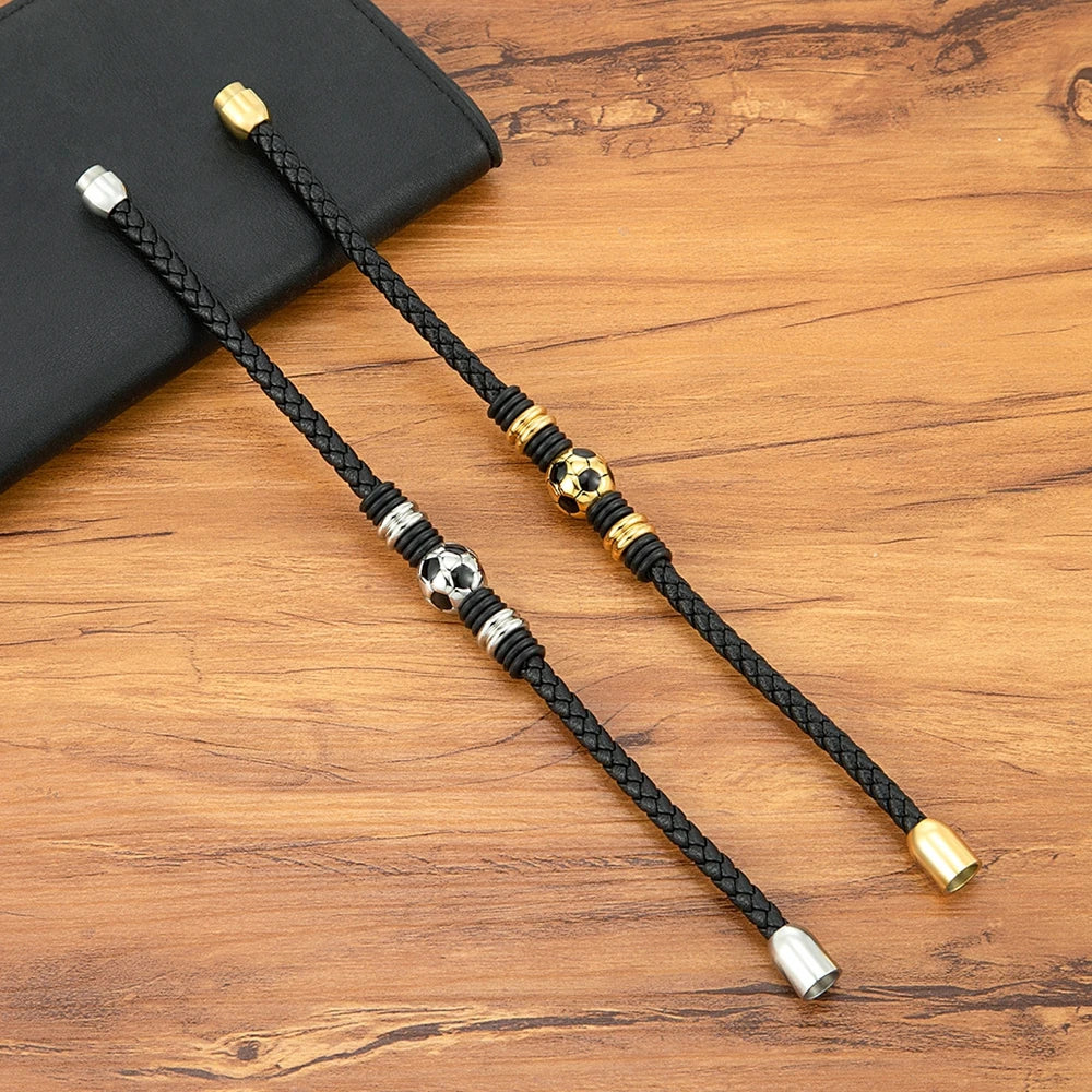 Black Hand-woven Football Ball Charm Leather Bracelet