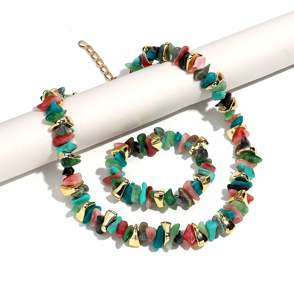 Gold Colorful Chip Stone Beads Necklace Bracelet Sets