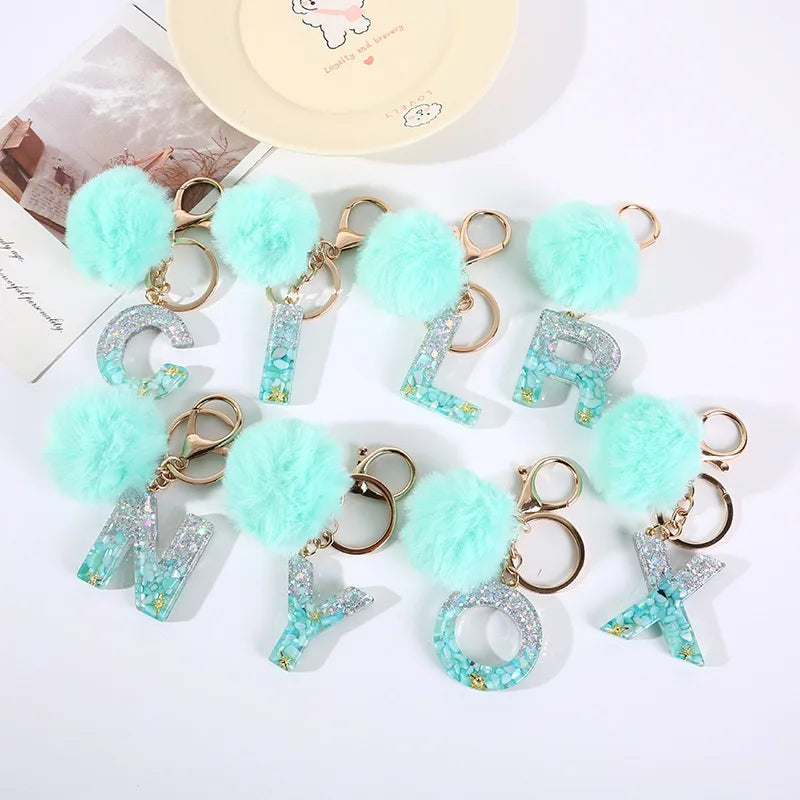 Aqua Flow 26 Initials Letter Key Pendant With Green Blue Fluffy Pompom