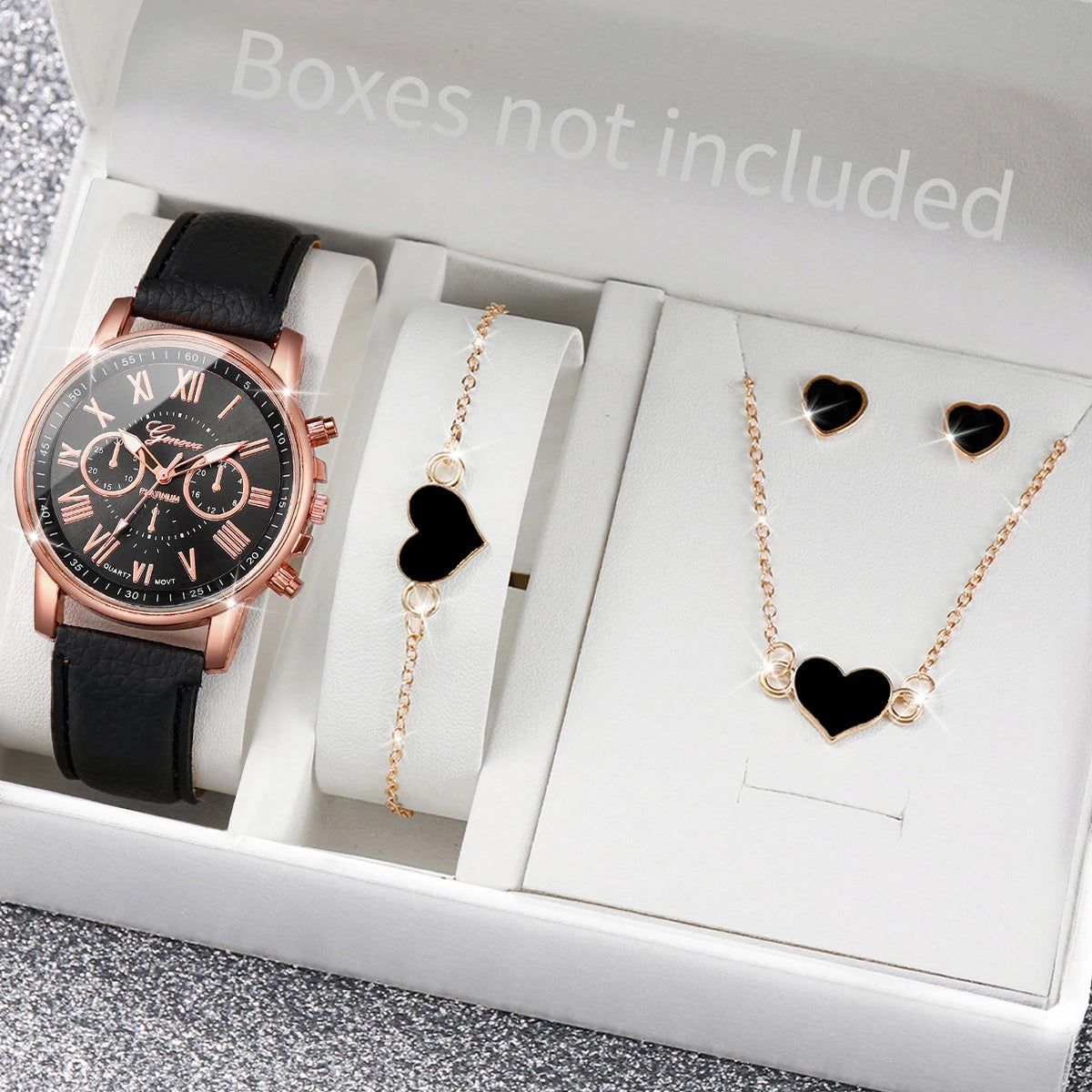 Luxury Leather Band Analog Wrist Watches & Heart Rhinestone Jewelry Set