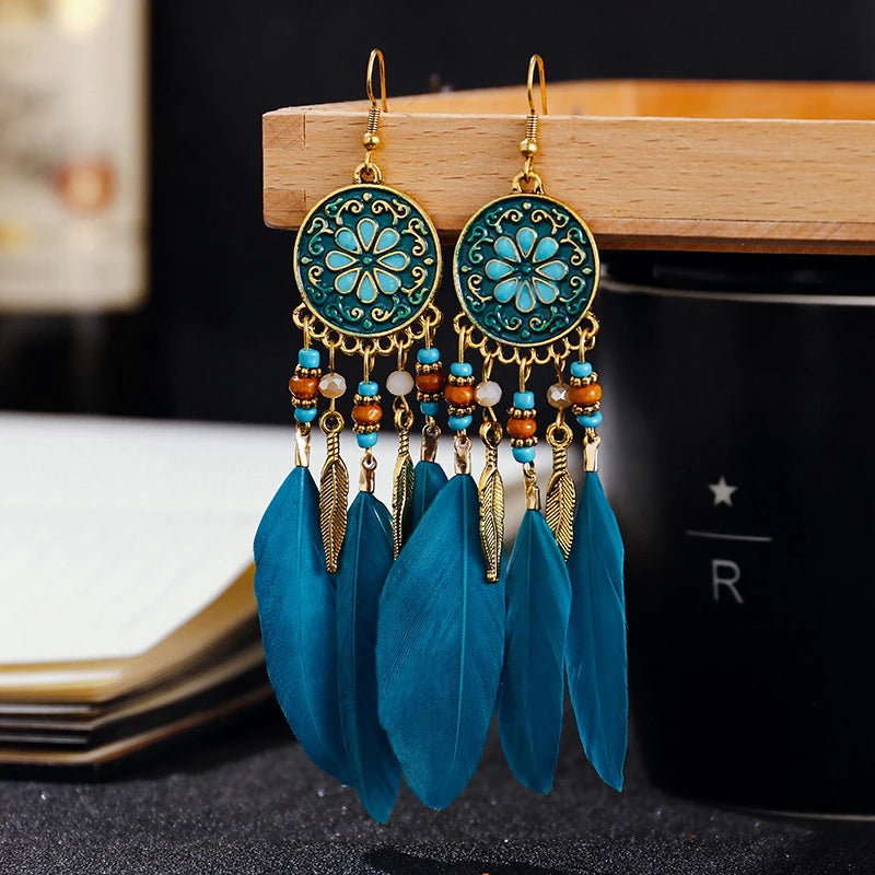 Beautiful Round Feather Tassel Bead Earrings