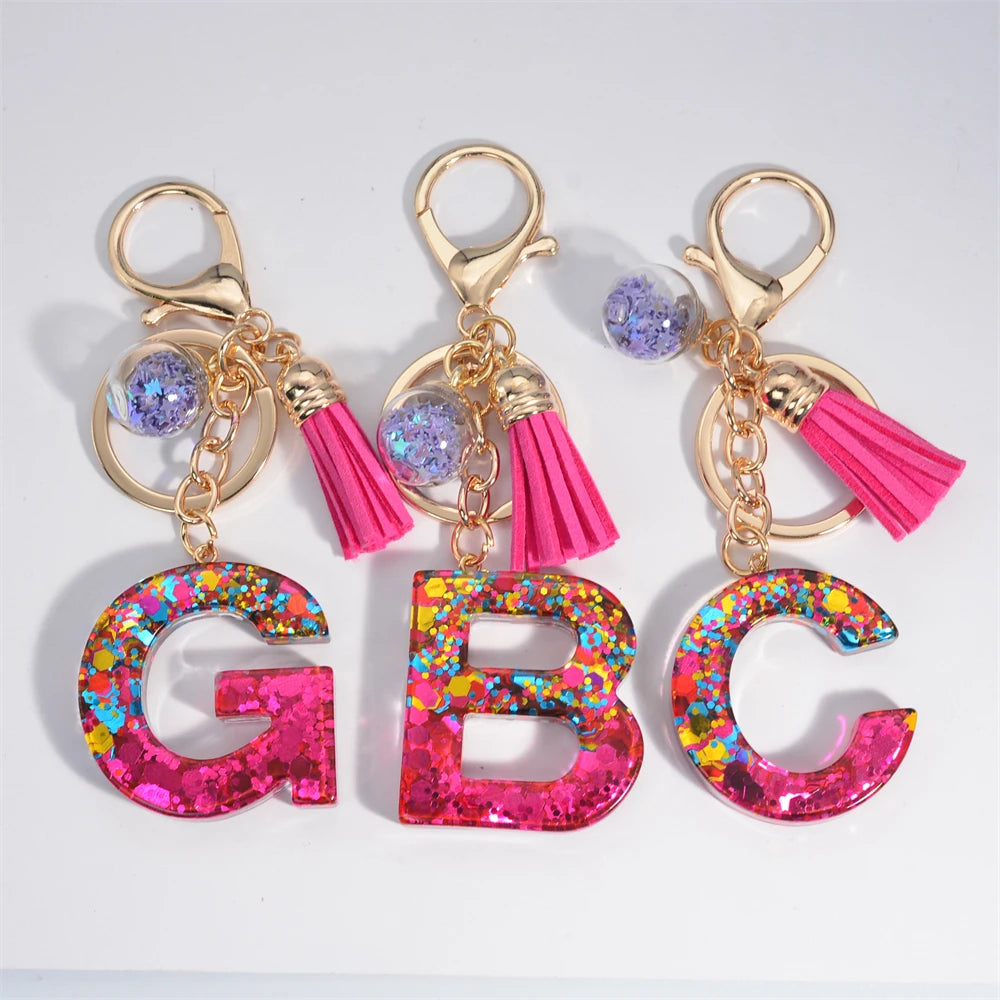 Mystery Star Ball 26 Letters Tassel Fuchsia Keychain