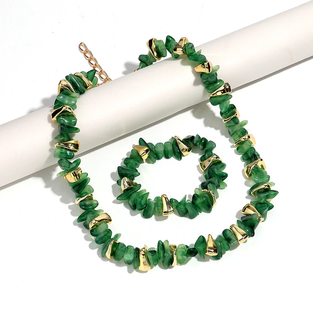 Gold Colorful Chip Stone Beads Necklace Bracelet Sets