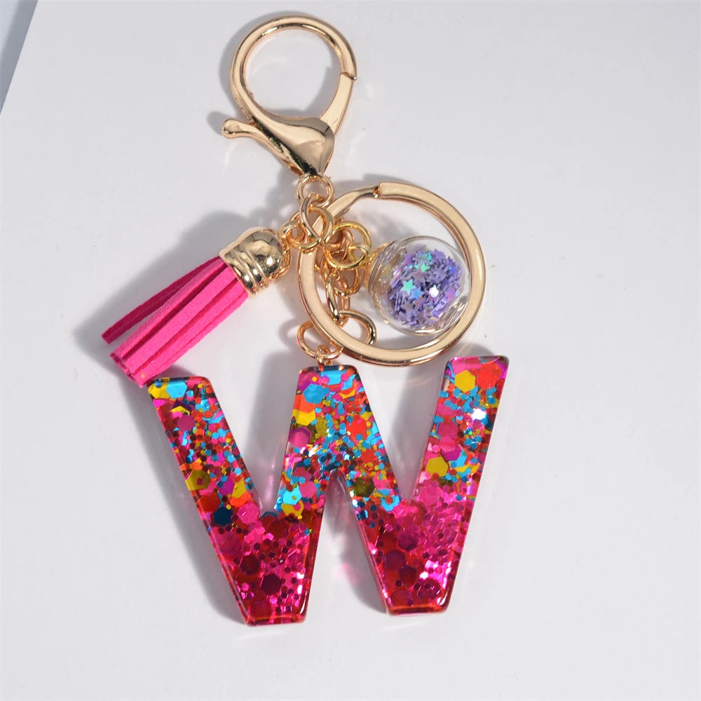 Mystery Star Ball 26 Letters Tassel Fuchsia Keychain