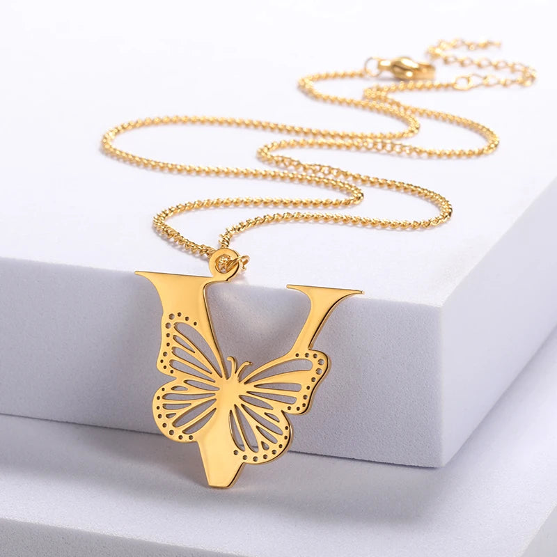 Dainty Butterfly Initial Letters Pendant Necklaces