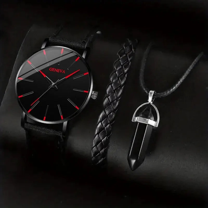Luxury Leather Quartz Watch Wristband and Crystal Necklace 3pcs Set