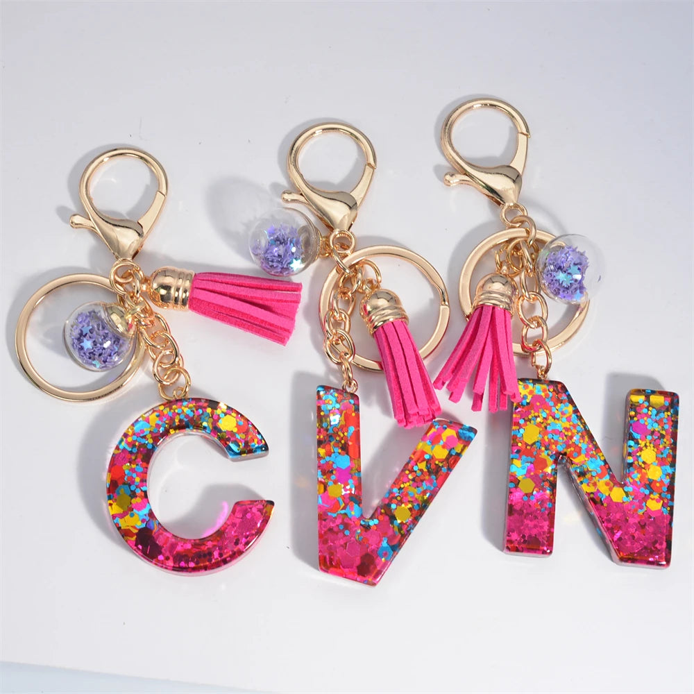 Mystery Star Ball 26 Letters Tassel Fuchsia Keychain