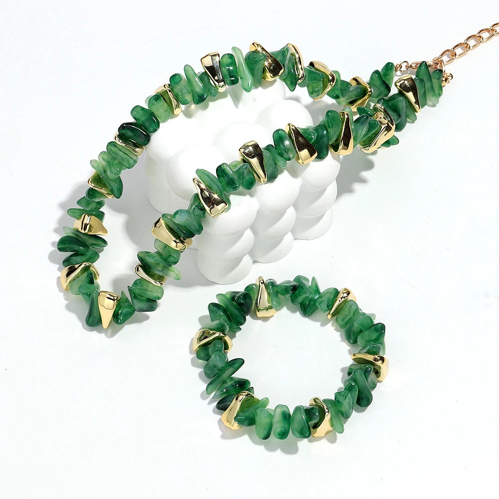 Gold Colorful Chip Stone Beads Necklace Bracelet Sets