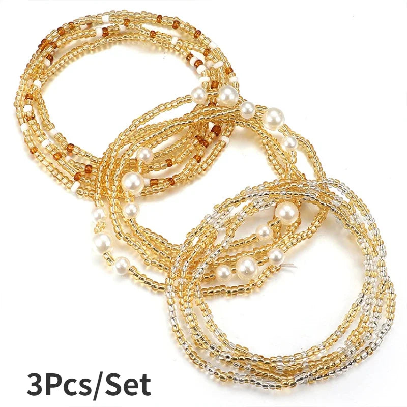 Colorful Rice Bead Anklet and Waist Bracelet Chains Sets