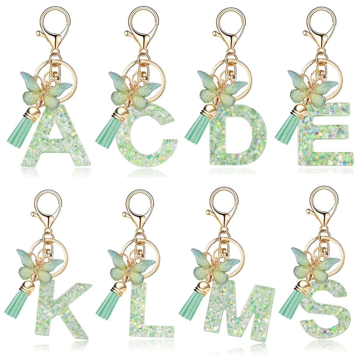 Spring Green Color Glitter Initial Letter Key Chain With Butterfly Tassel Pendant ﻿