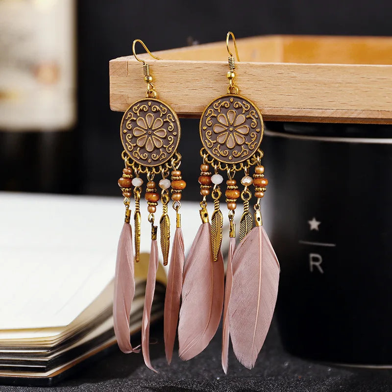 Beautiful Round Feather Tassel Bead Earrings