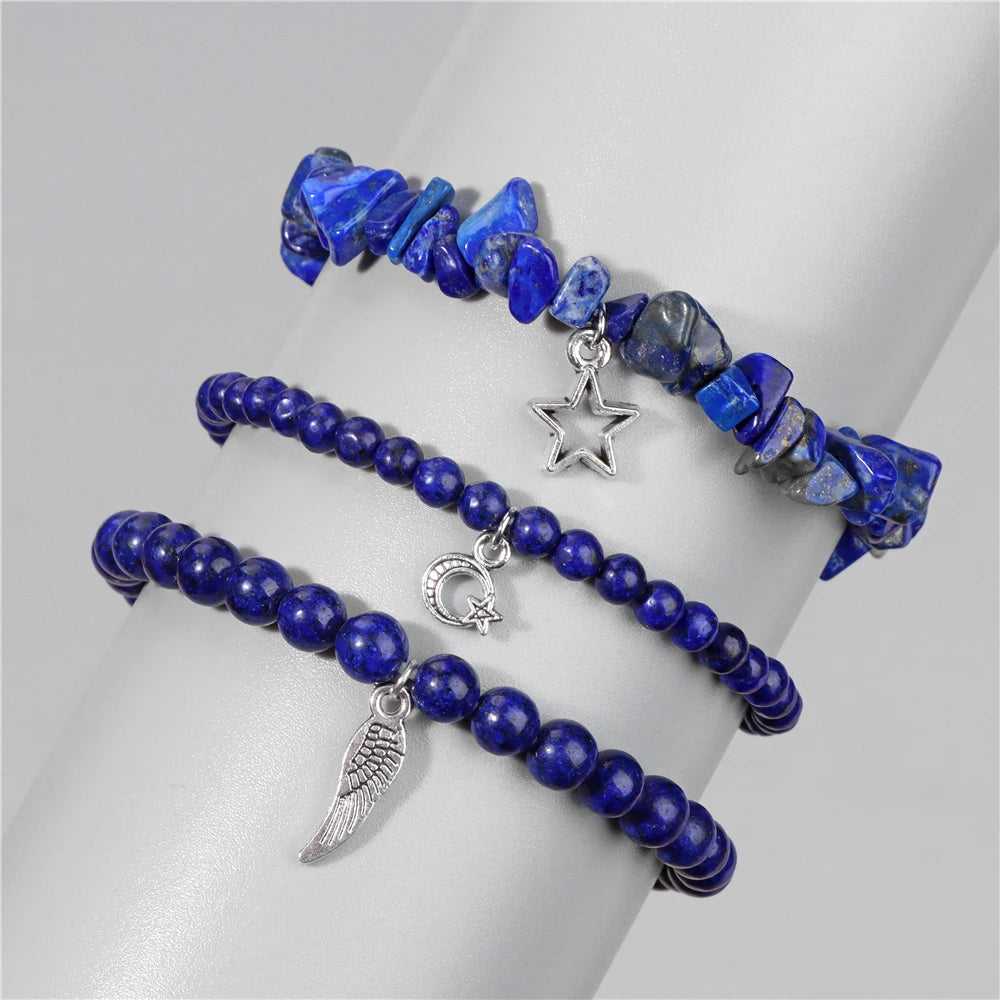 Natural Stone Healing Star Moon Feather Pendant Bracelets Sets