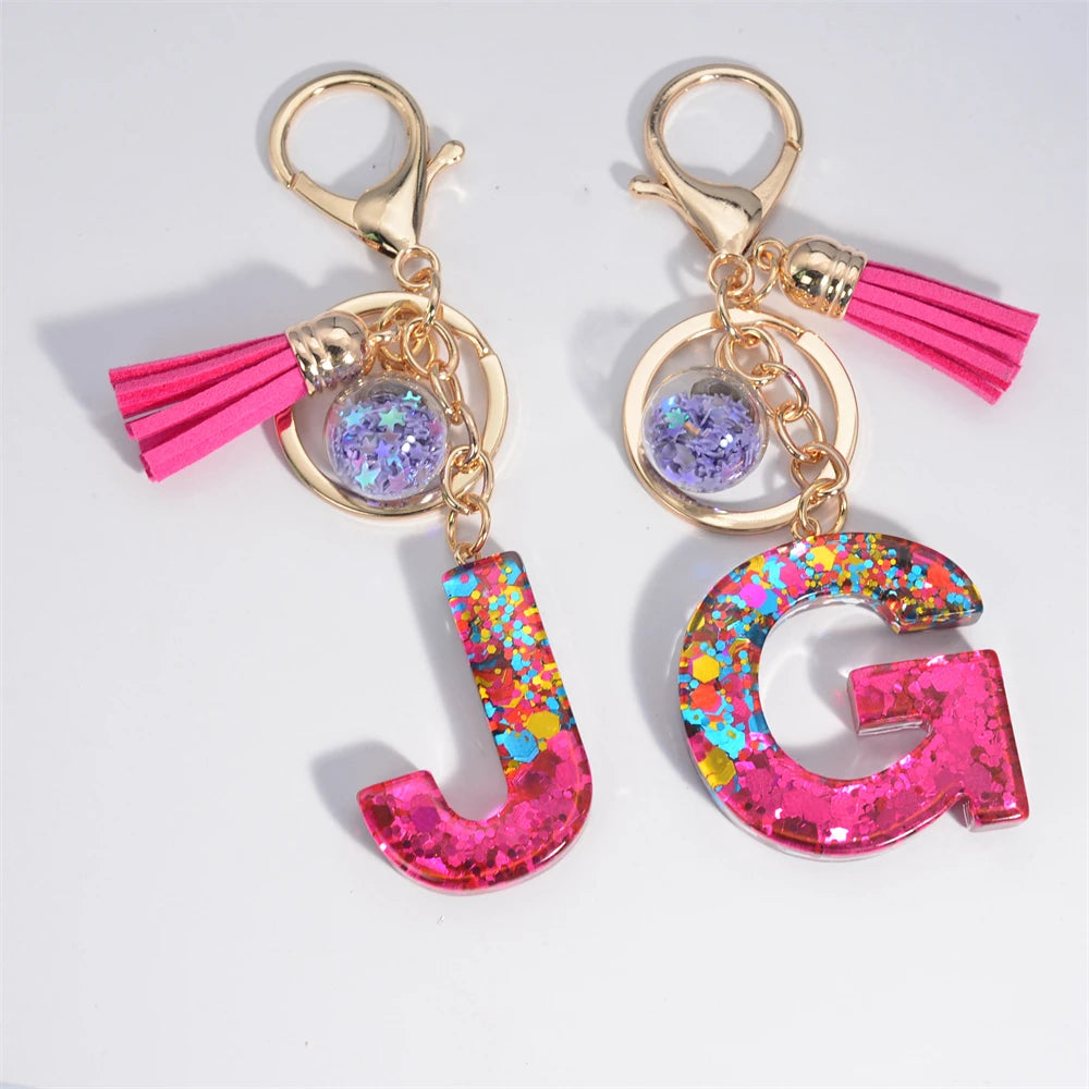 Mystery Star Ball 26 Letters Tassel Fuchsia Keychain