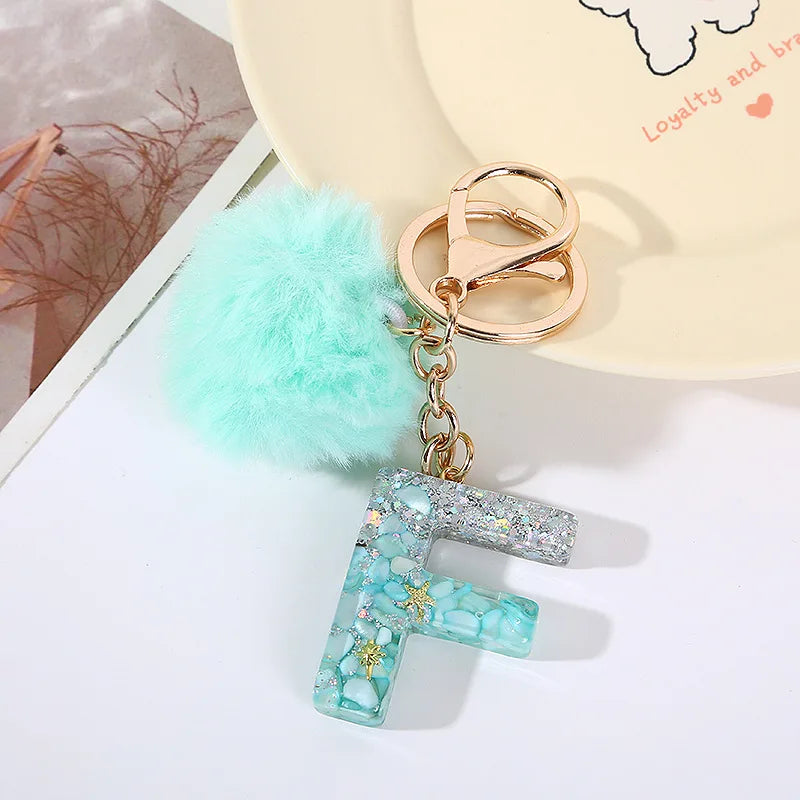Aqua Flow 26 Initials Letter Key Pendant With Green Blue Fluffy Pompom