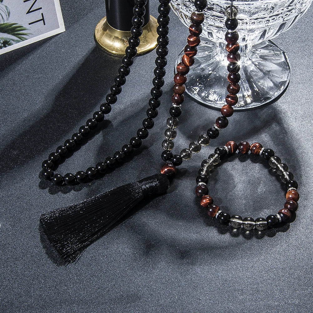 Red Tiger Eye Black Onyx Beaded Necklace Jewelry Set