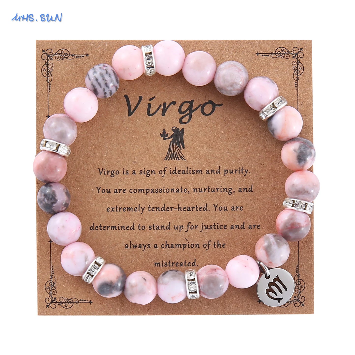 Pink Zebra Stone 12 Star Constellation Sign Beaded Bracelets
