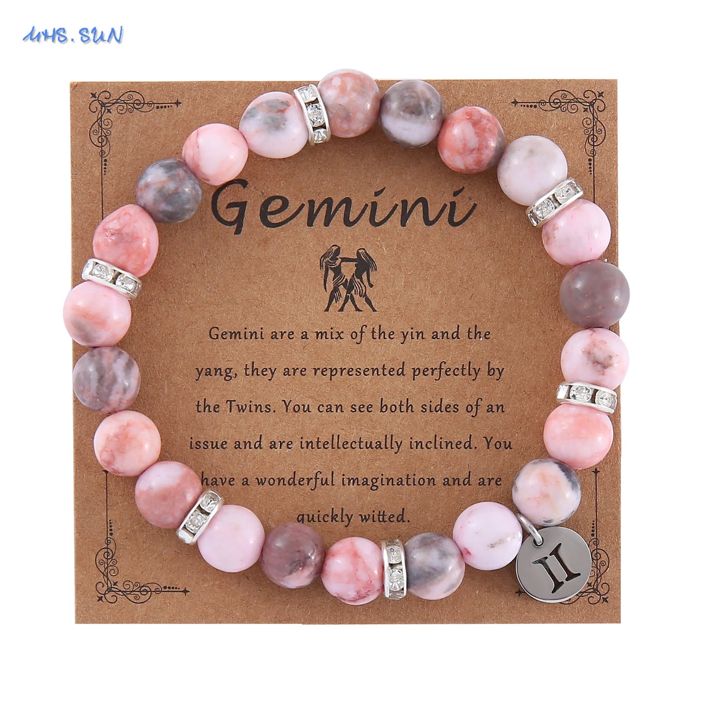 Pink Zebra Stone 12 Star Constellation Sign Beaded Bracelets