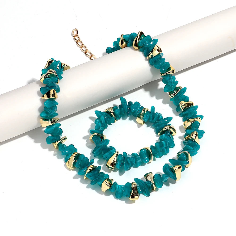 Gold Colorful Chip Stone Beads Necklace Bracelet Sets
