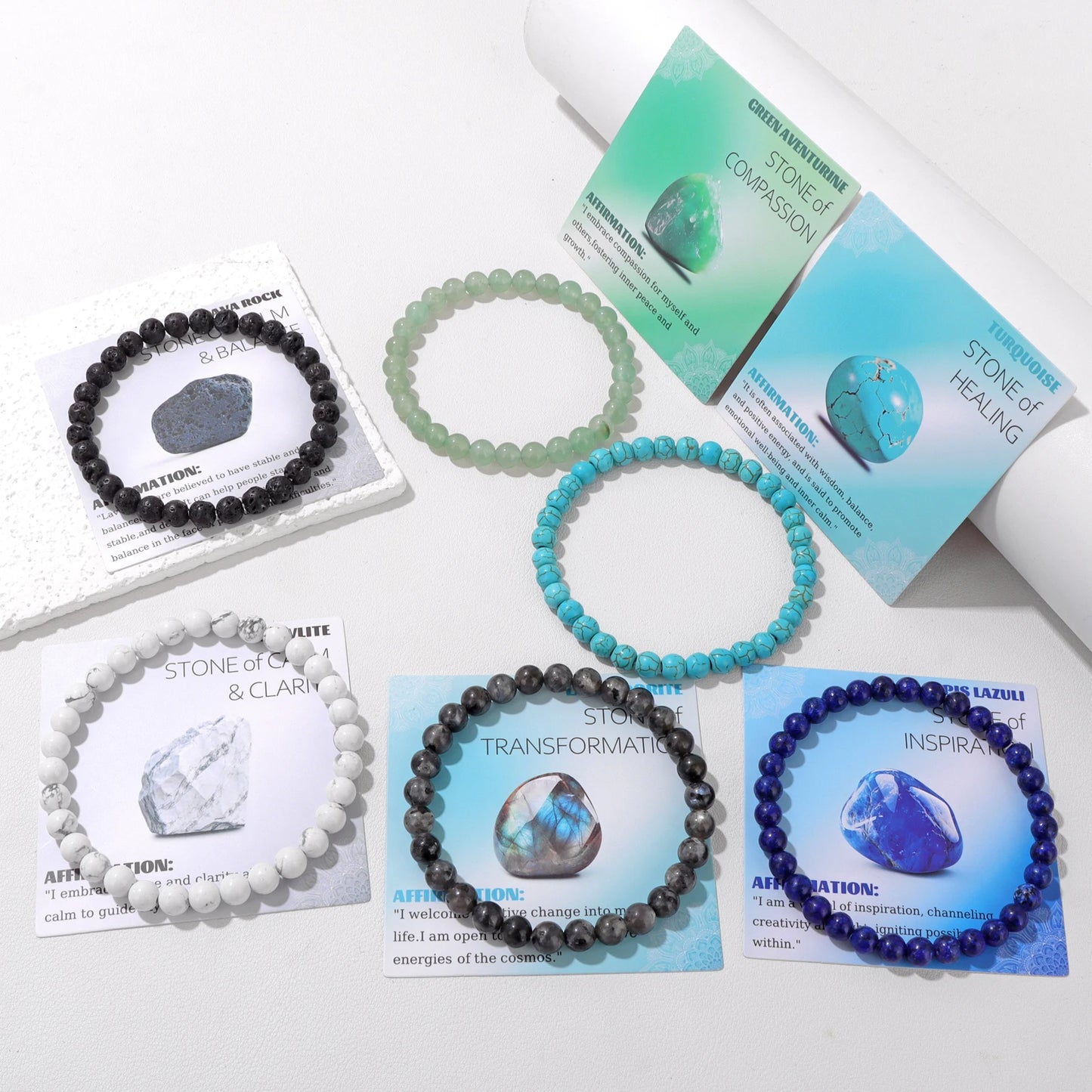 Natural Blue Turquoises Smooth Round Beaded Bracelets with Card
