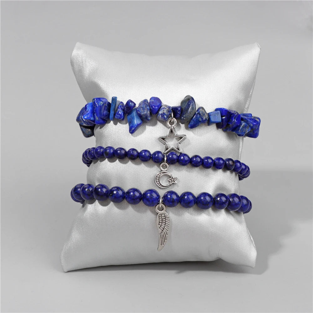 Natural Stone Healing Star Moon Feather Pendant Bracelets Sets