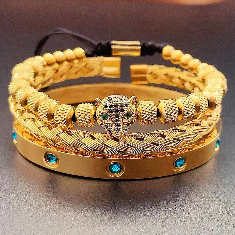 Luxury Green Eye Leopard Head Charm Bracelet Bangles Set