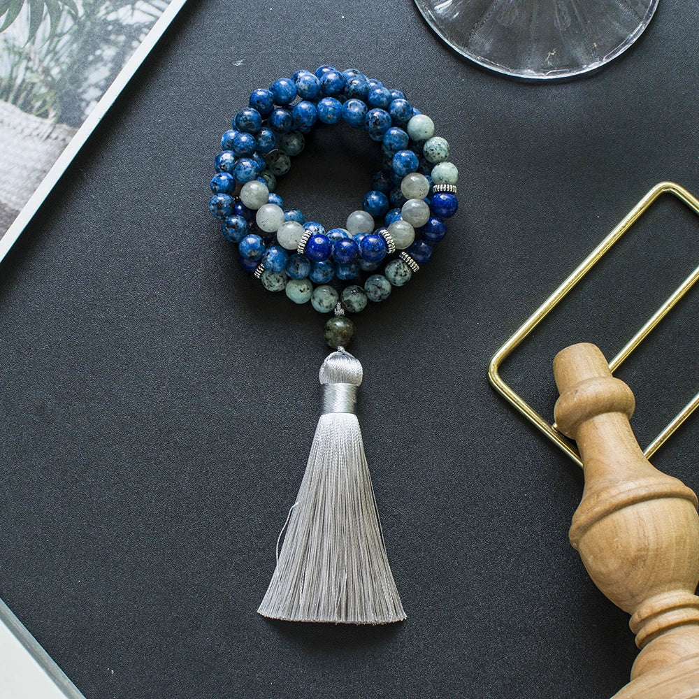 Blue & White Natural Stone Beaded Tassel Necklace
