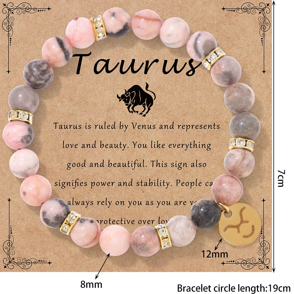 Pink Zebra Stone 12 Star Constellation Sign Beaded Bracelets