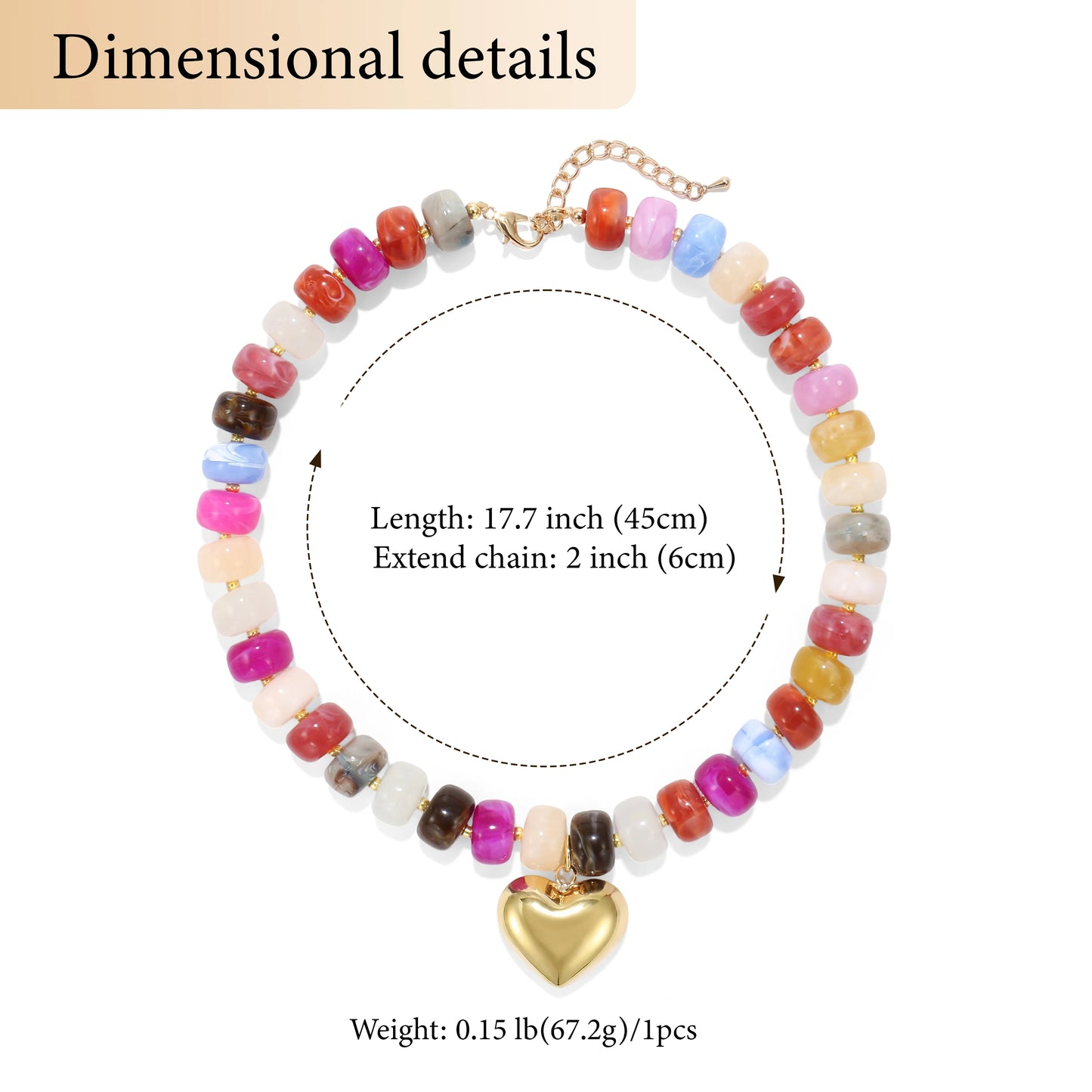 Colorful Crystal Beaded Choker Necklace 14K Gold Plated Heart Pendant