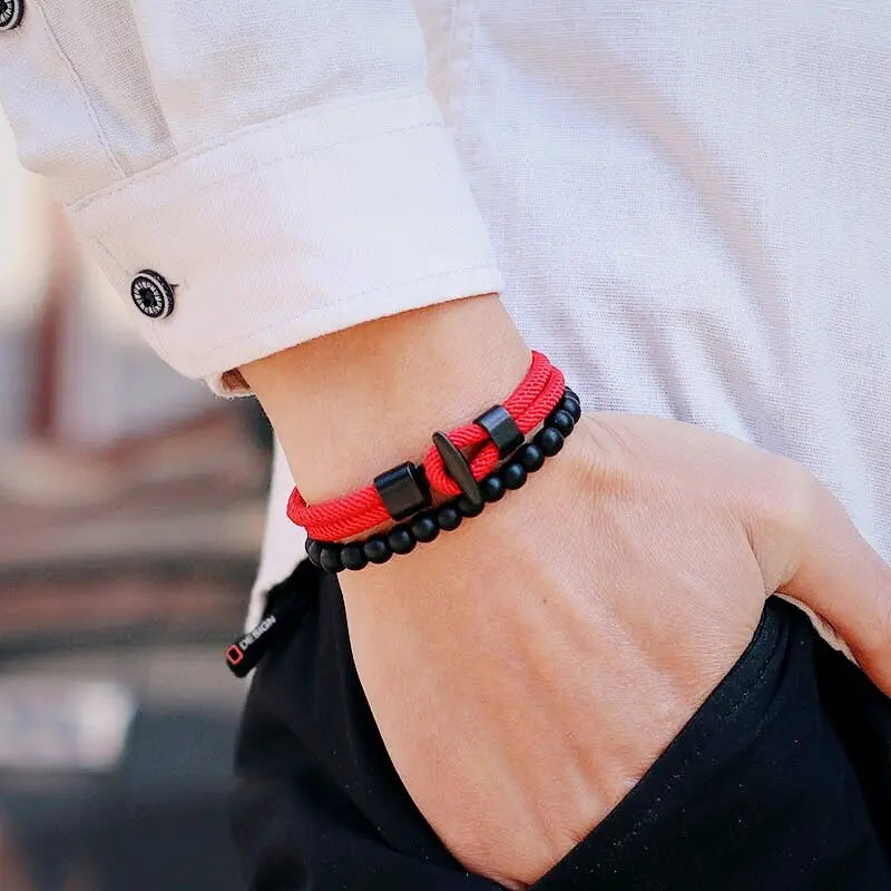 Duo Onyx Stone Beaded & Rope Pirate Bracelets