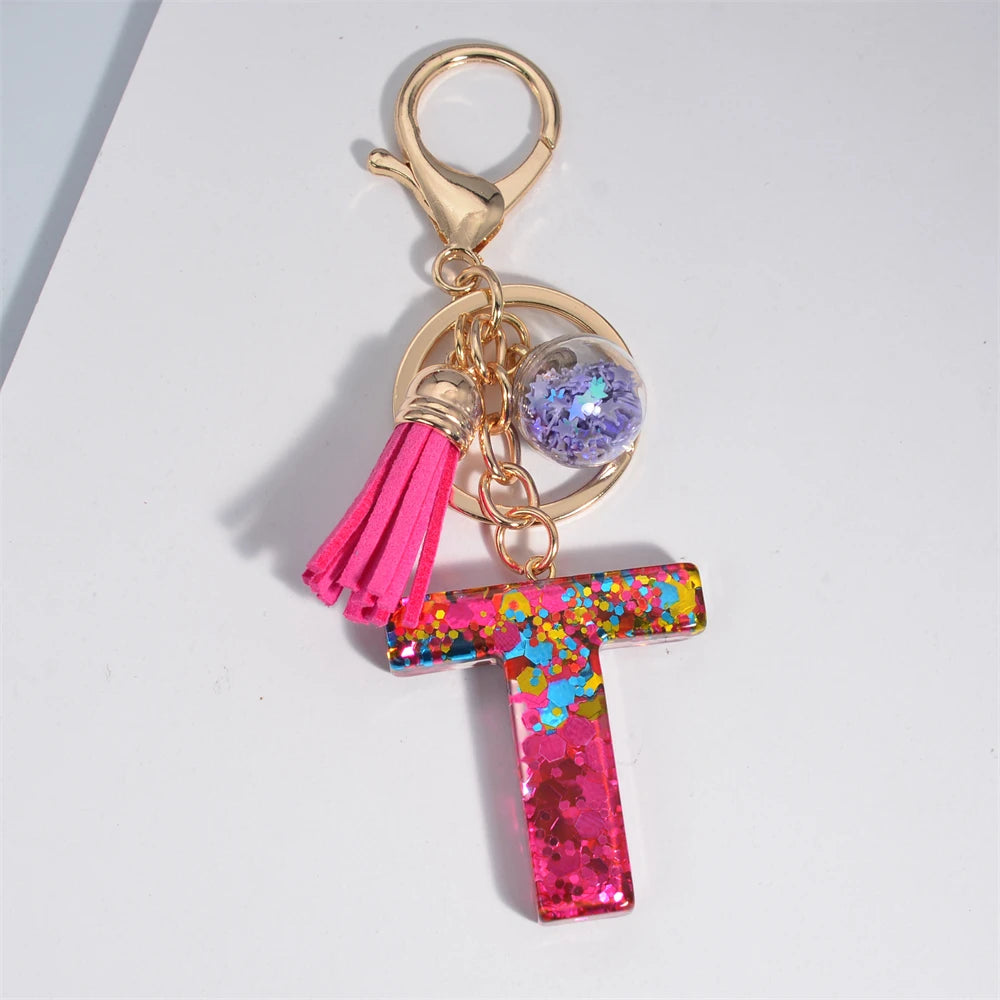 Mystery Star Ball 26 Letters Tassel Fuchsia Keychain