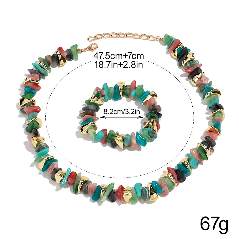 Gold Colorful Chip Stone Beads Necklace Bracelet Sets