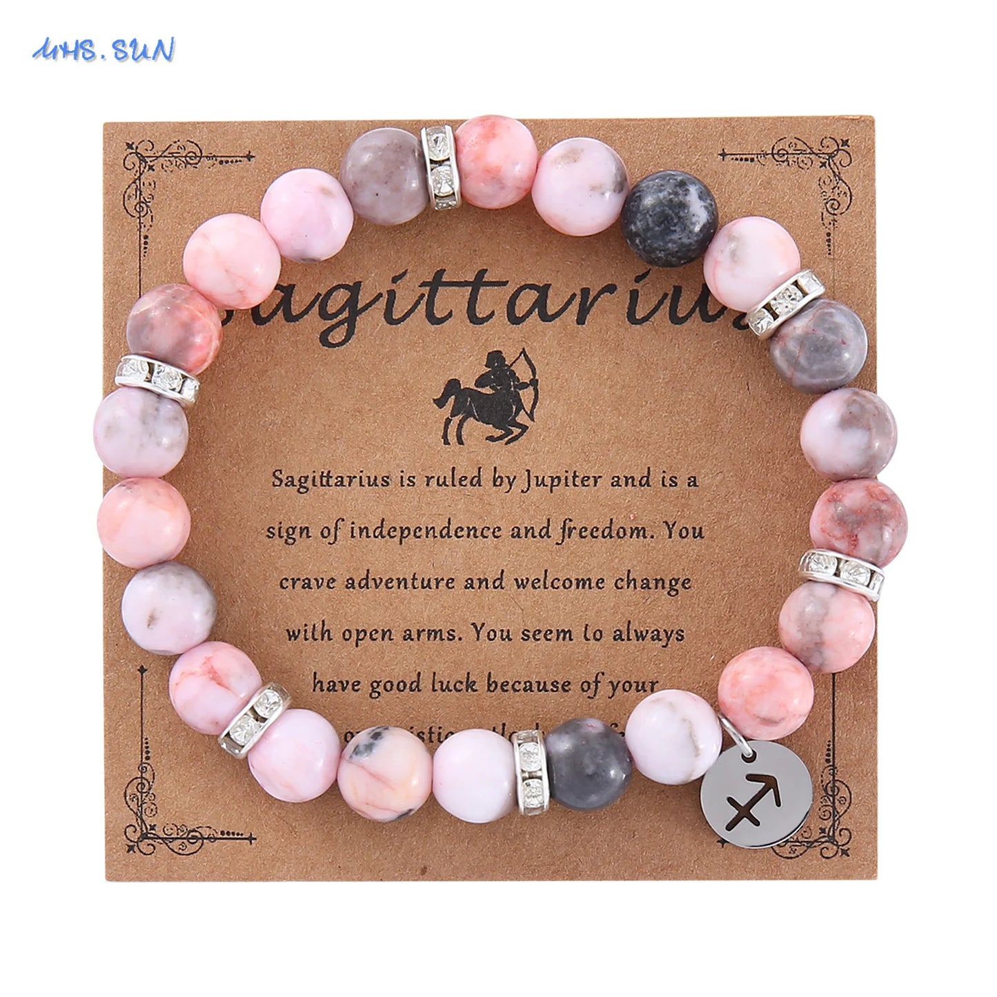 Pink Zebra Stone 12 Star Constellation Sign Beaded Bracelets