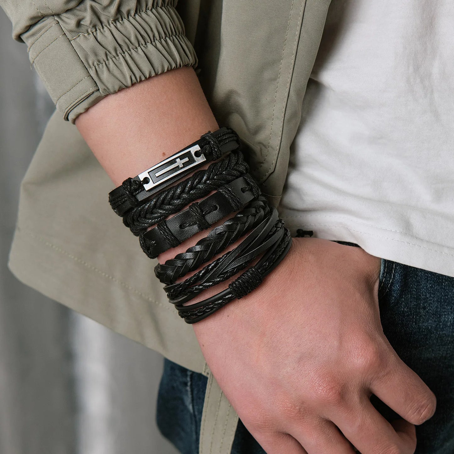 Vintage Leather Charm Wood Beads Bracelets